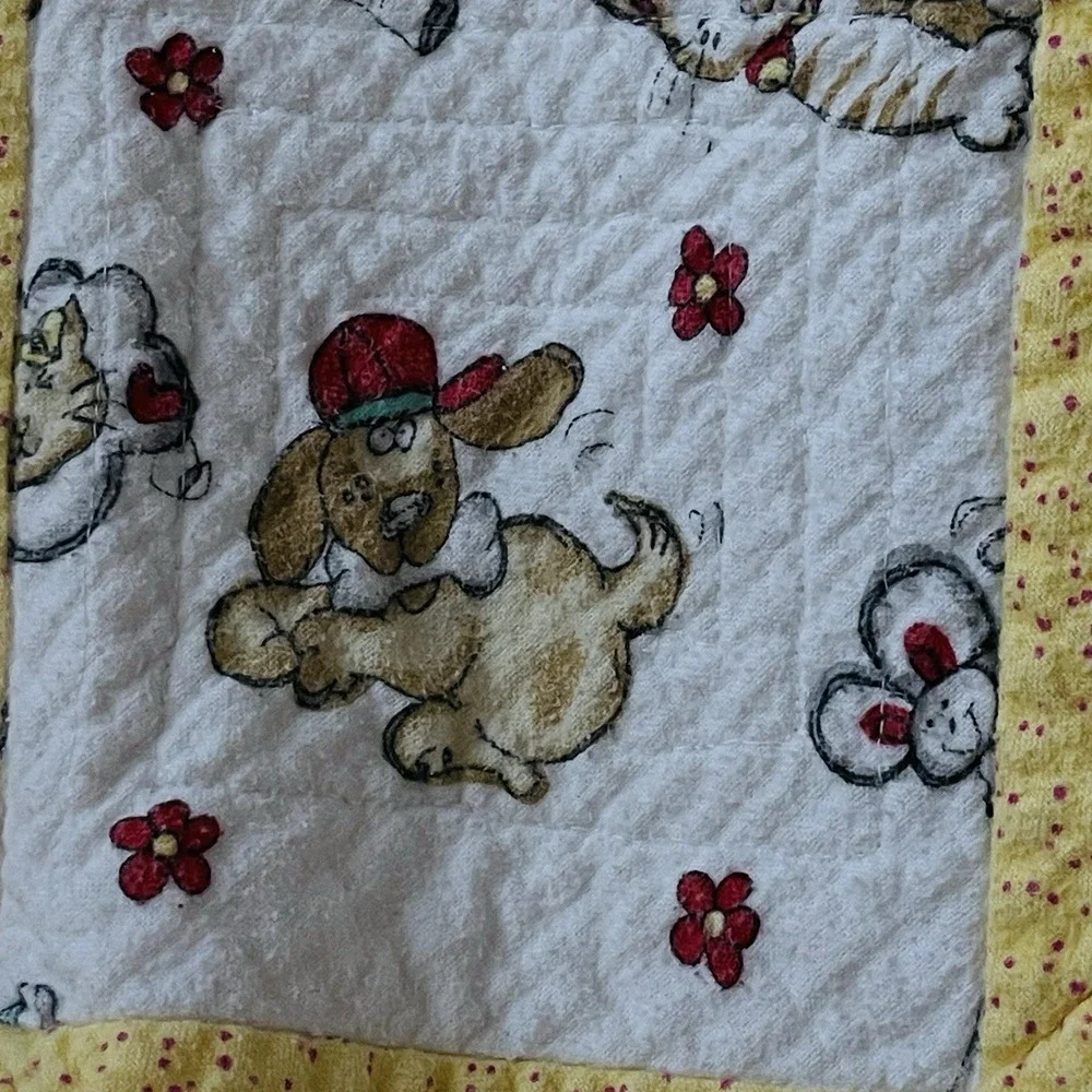 Vintage Flannel Baby Quilt Blanket Handmade Cats Dogs White Yellow Unisex  48x56